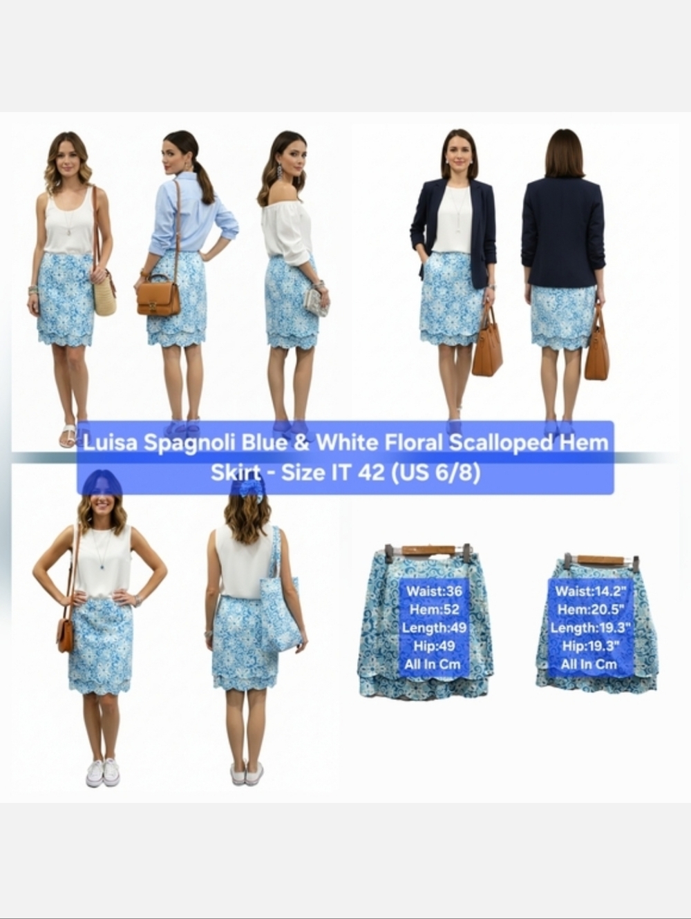 Luisa Spagnoli Blue & White Floral Scalloped Hem Skirt Size IT 42 (US 6/8)